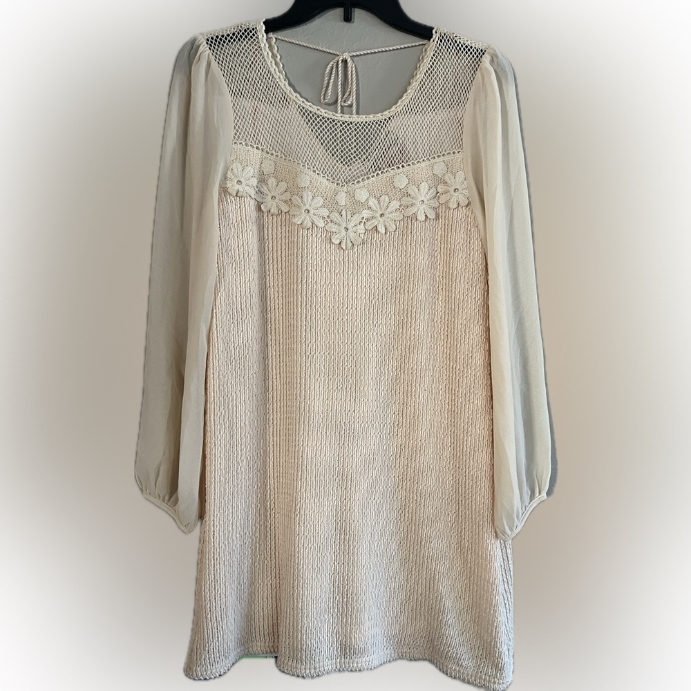 Flying Tomato Embroidered Flower Ivory Tassel Crochet Bohemian Mini Dress Size M